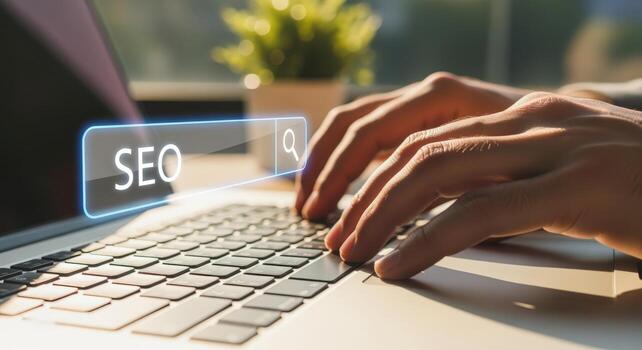 manos en ordenador portátil teclado con seo buscar concepto para en línea márketing y mejoramiento foto