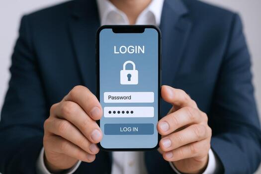 Secure Mobile Access Man Holding Smartphone with Login Screen for App or Website photo