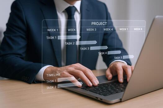Business Professional Managing Project Timeline on Laptop with Futuristic Interface for Planning and Execution photo