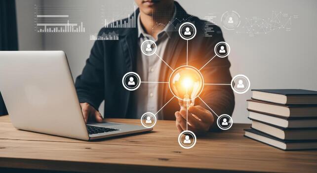 Innovative Business Solutions Businessman Utilizing Technology and Networking for Creative Ideas and Collaboration, Illustrating Future Concepts photo