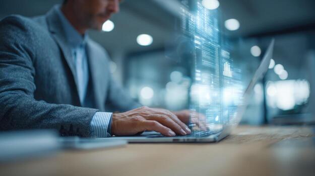Businessman Working on Laptop with Digital Interface Overlay, Data Analysis and Information Technology Concept photo