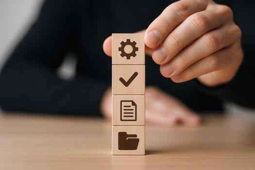 Workflow Optimization Hand Stacking Wooden Blocks Representing Process Steps for Efficiency and Productivity in Business photo