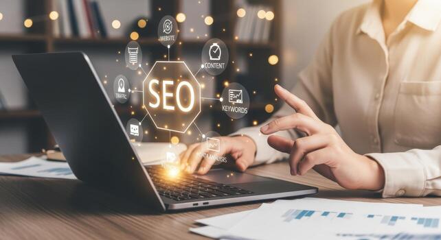 Woman Optimizing Website Content for Search Engines, Driving Online Traffic and Business Growth using Laptop photo