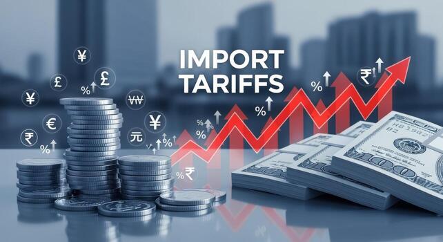 Import Tariffs and Global Trade Illustration with Currency Symbols and Rising Arrow for Finance Concept photo