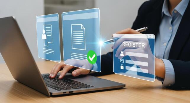 Online Registration Process on Laptop Form Submission, User Profile, Document Upload, and Account Creation photo