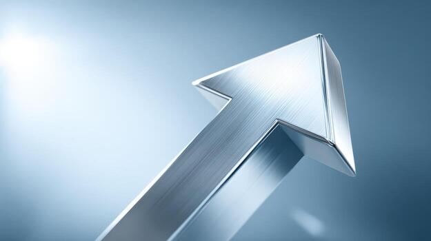 Metallic Arrow Pointing Upward Symbolizing Growth, Progress, and Positive Direction on a Light Blue Gradient Background photo