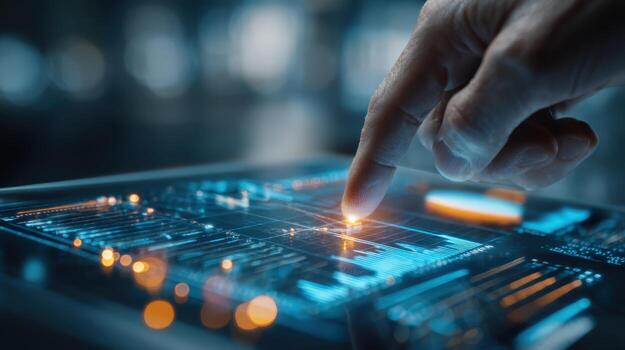 Advanced Technology Interface Finger Interacting with Futuristic Digital Display for AI, Data Analytics, and Cybersecurity photo