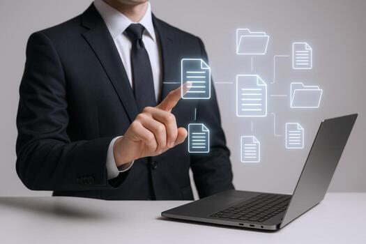 Document Management System Businessman Interacting with Digital Files on Laptop for Efficient Workflow photo