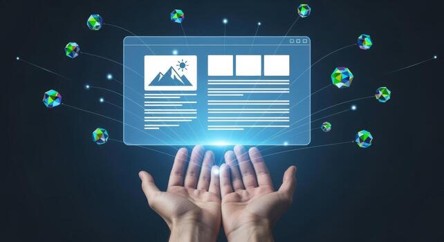 Hands Presenting Digital Content with Abstract Nodes - Concept for Connectivity, Technology, and Data Sharing photo