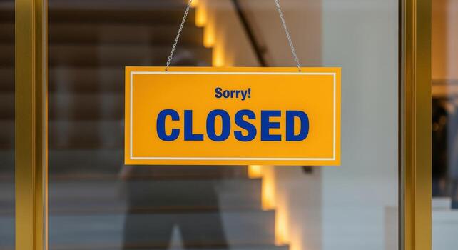 Closed Sign Hanging on Glass Door, Business Shutdown, Temporary Closure, Storefront with Reflection photo