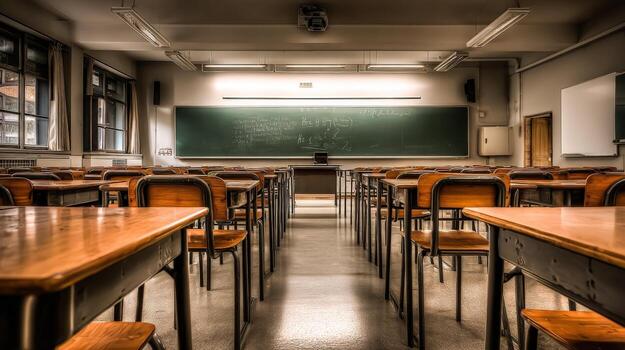 Empty Classroom with Desks and Chalkboard, Ready for Students, Academic Year photo