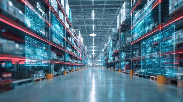 Modern Warehouse Interior with Digital Interface Overlay for Inventory Management and Logistics Automation photo