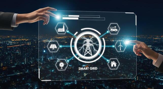 Smart Grid Technology Display with Hands Activating Energy Production in Futuristic City photo