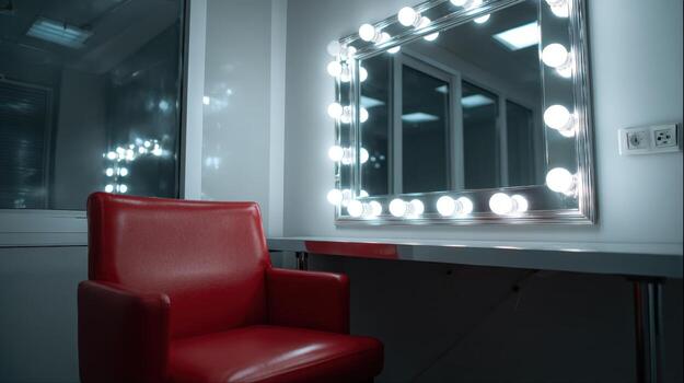 Dressing Room Interior with Illuminated Mirror and Red Chair, Providing Space for Preparation and Performance photo