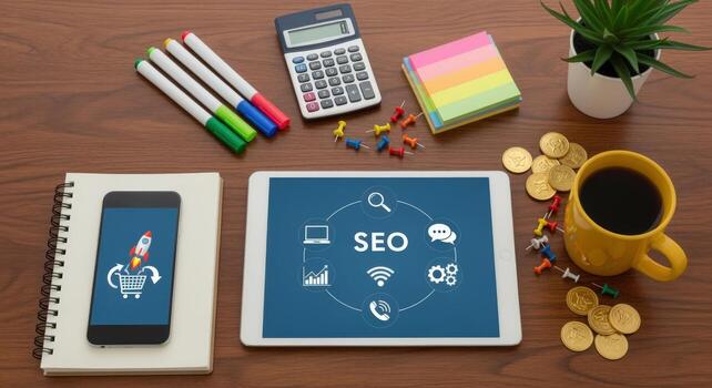 SEO Strategy Flat Lay Composition Digital Marketing, Analytics, and Technology on Wooden Desktop photo