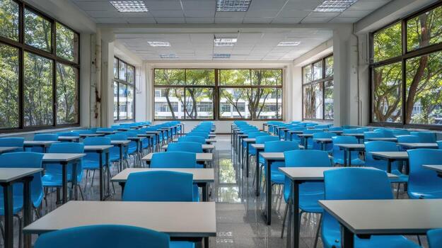 Bright Empty Classroom with Rows of Blue Chairs and Desks Ready for Students photo