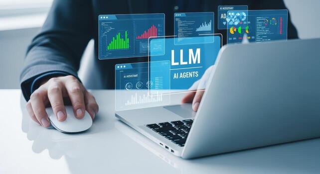 AI Agents in Business Man Analyzing Data with Laptop and Digital Interface Displays photo