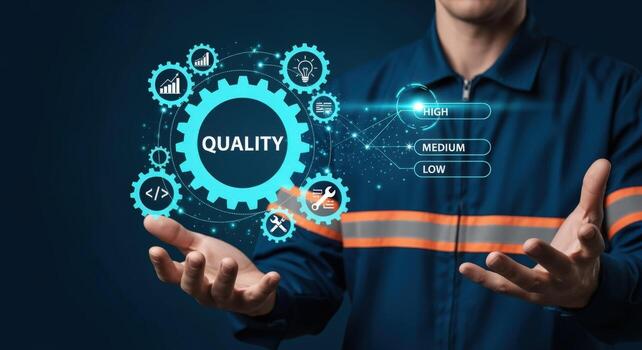 Quality Control System Technician Demonstrating High Standards and Precision in Manufacturing Processes with Digital Interface photo