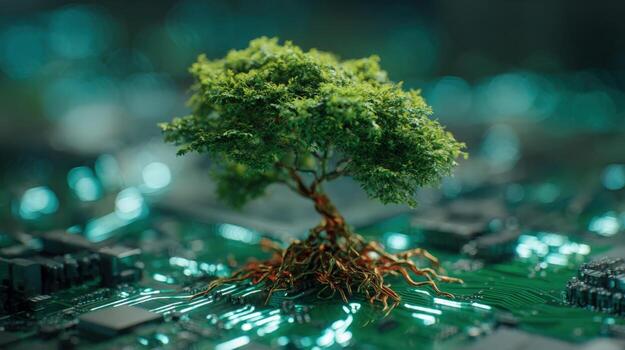 Digital Ecology A Tree Growing on a Circuit Board Representing Sustainability and Technological Advancement photo