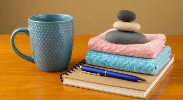Zen Composition Stacked Stones, Soft Towels, Notebook, Pen and Refreshing Mug on Wooden Table photo