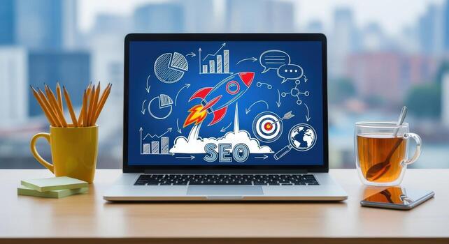 Laptop Displaying SEO Rocket Launch with Tea Cup and Stationery for Marketing Concepts photo