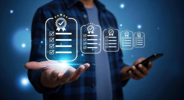 Digital Compliance Verification Concept Man Holding Virtual Documents with Checkmarks on Hand, Emphasizing Approval photo