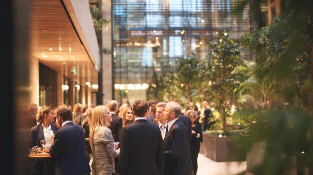 Business People Networking at Corporate Event in Modern Building with Indoor Greenery and Glass Architecture photo