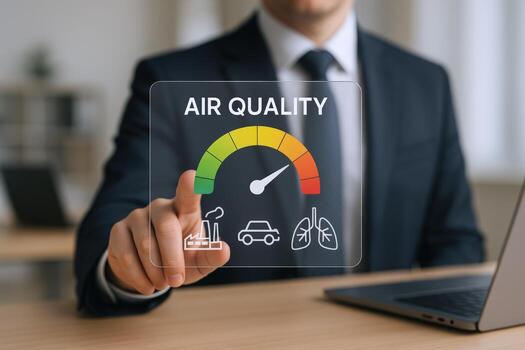 Air Quality Monitoring Businessman Interacting with Digital Display Assessing Environmental Pollution Levels and Respiratory Health Impact photo