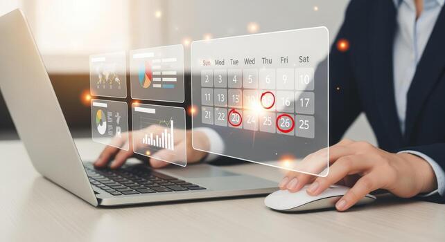 negocio profesional Planificación equipo utilizando calendario solicitud en ordenador portátil para planificación y hora administración foto