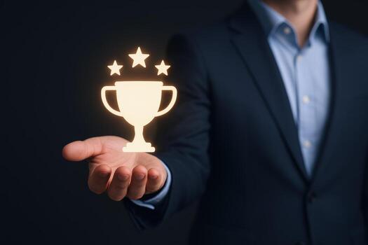 Achievement Concept Businessman Holds Holographic Trophy and Stars Symbolizing Success and Recognition in Hand photo