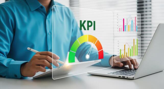 Businessman Analyzing Key Performance Indicators on Laptop with Data Visualization, Displaying Goals and Success photo