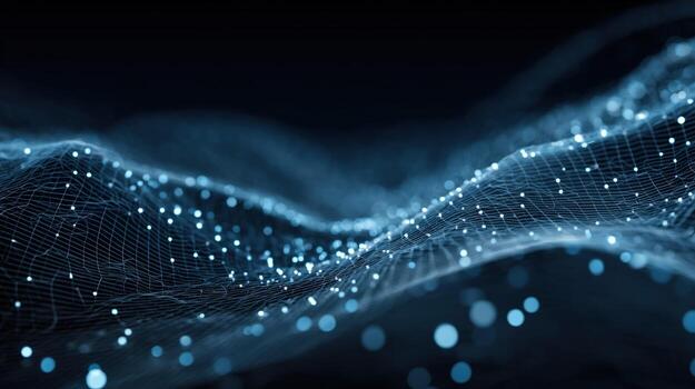 Abstract Dark Blue Wavy Mesh Background with Glowing Dots for Technology or Science photo