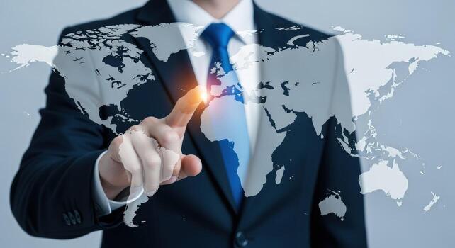 Global Business Expansion Concept Businessman Touching World Map on Screen, International Strategy and Connection photo