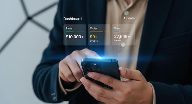 Businessman Analyzing Sales Data on Mobile Device with Futuristic Dashboard Interface Showing Business Growth photo
