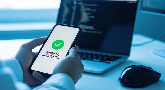 exitoso móvil pago confirmación en teléfono inteligente con ordenador portátil antecedentes representando moderno financiero tecnología foto