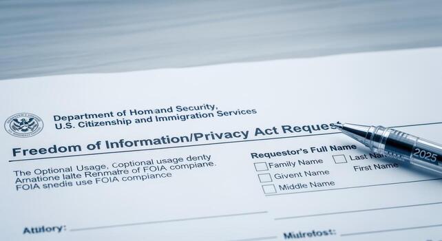 Freedom of Information Act Request Form with Pen, Government Document for Public Record Access photo