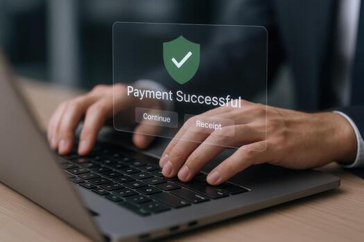 Online Payment Confirmation Businessman Receives Successful Transaction Notification on Laptop, Secure and Efficient System photo