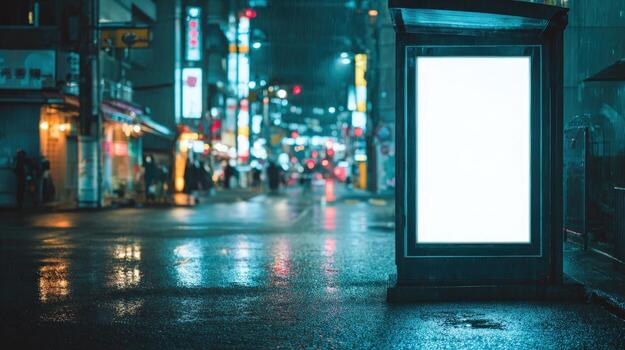 Illuminated Advertisement Billboard Display on Wet City Street at Night in an Urban Setting photo