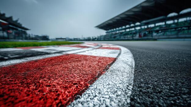 Racing Circuit Curve with Red and White Curb on a Cloudy Day Emphasizing Speed and Competition photo
