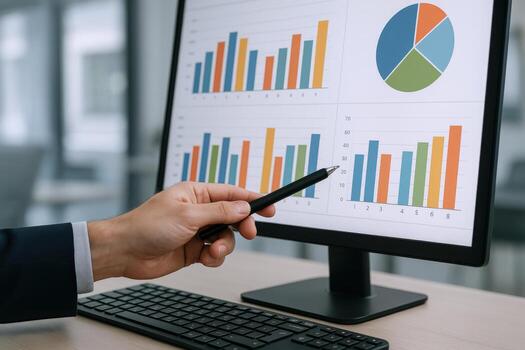 Analyzing Business Data Hand Pointing to Charts and Graphs on Computer Screen for Strategic Decision-Making photo