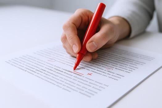 Proofreading Document with Red Pen Manuscript Editing, Error Correction and Improvement Process on White Paper photo