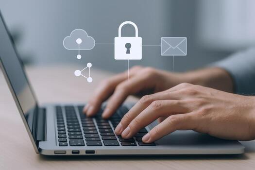 Cybersecurity Protection with Padlock Icon on Laptop for Safe Data and Online Privacy photo