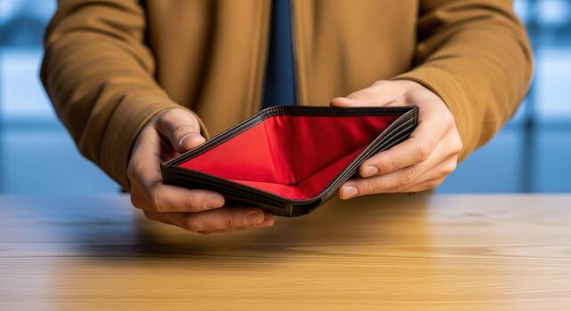 Empty Wallet Displayed by a Person Representing Financial Crisis, Bankruptcy, and Economic Hardship on Table photo