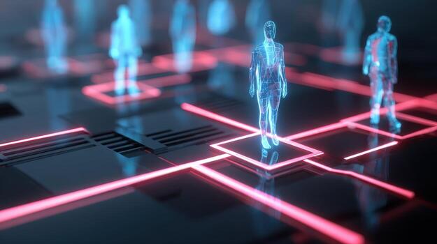 Digital Network Connection Abstract Human Figures on Interconnected System, Concept of Future Technology photo