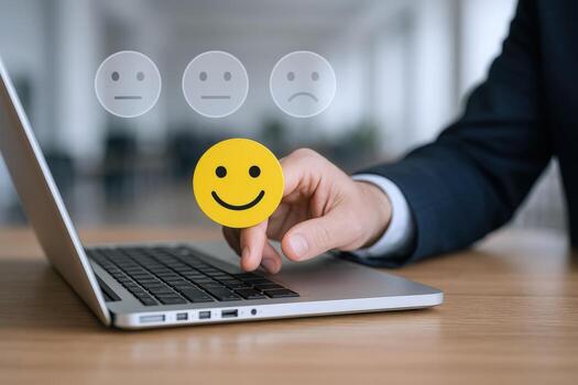 Customer Satisfaction Feedback with Positive Smiley on Laptop, User Experience Evaluation and Online Review photo
