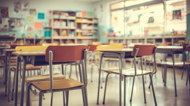 Empty Classroom with Desks and Chairs in Elementary School, Education Concept photo