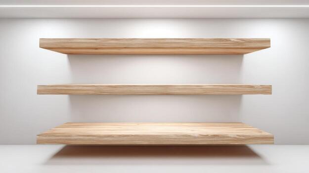 Three Wooden Shelves on a White Wall, Ideal for Product Presentation or Display Mockups photo