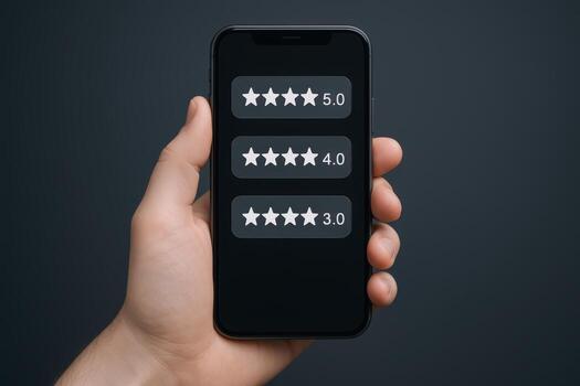 Customer Feedback Displayed on Mobile Phone Screen Featuring Star Ratings for User Experience photo