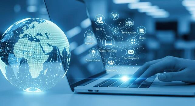 Global Digital Network Person Using Laptop with Futuristic Globe and Data Connection Concept photo