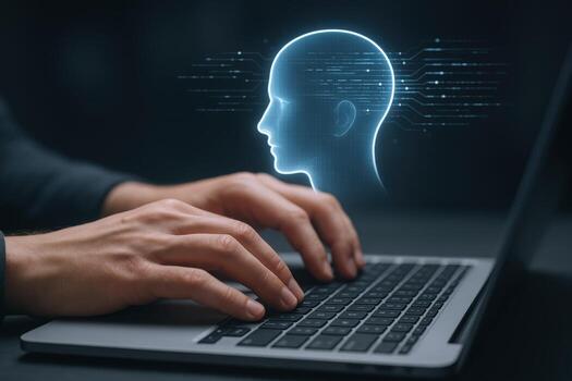 artificial inteligencia concepto manos en ordenador portátil teclado con ai perfil visualización para tecnología innovación foto